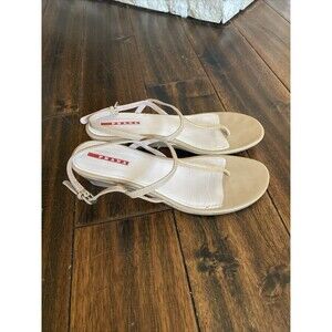 Prada T Strap Small Wedge Sandals Patent Leather Tan Size 37